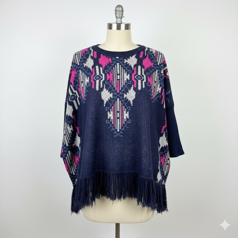Umgee USA Bohemian Fringe Poncho‎ Sweater Aztec Knit Pink Blue S/M Oversized